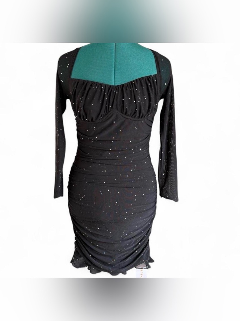 Uryiao Black Long-Sleeve Ruched Glitter Bodycon Dress